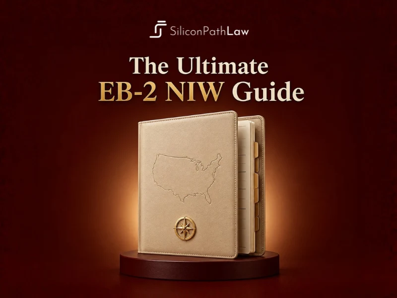 The Ultimate EB-2 NIW Guide: an embossed leather portfolio with a U.S. map and compass on a display stand